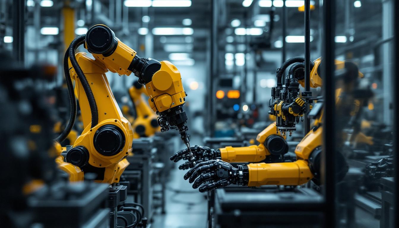 A photograph of capture a photograph of the one x neo industrial robot in action within a manufacturing environment