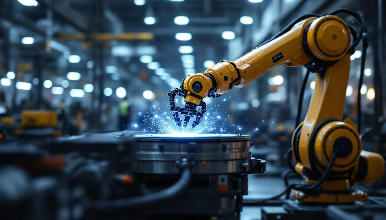 A photograph of a sleek industrial robotic arm in action