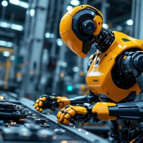 A photograph of a sleek industrial robot in action on a factory floor