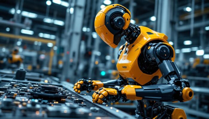 A photograph of a sleek industrial robot in action on a factory floor