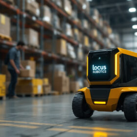 A photograph of a locus robotics autonomous mobile robot navigating a warehouse environment
