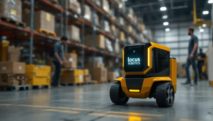 A photograph of a locus robotics autonomous mobile robot navigating a warehouse environment
