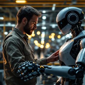 A photograph of a sleek industrial robot in action within a modern manufacturing facility