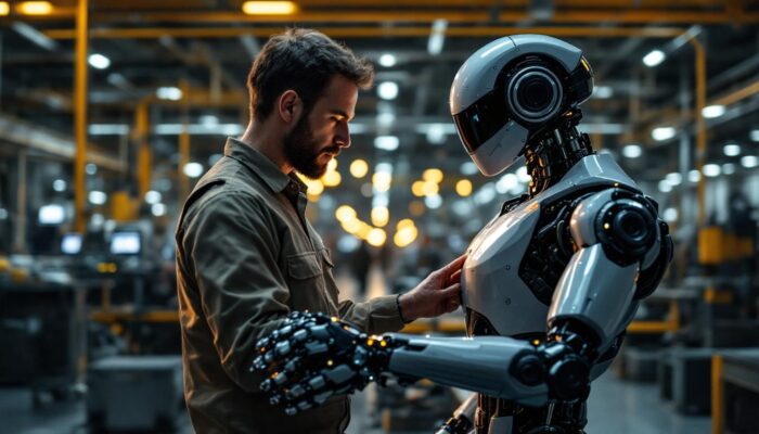 A photograph of a sleek industrial robot in action within a modern manufacturing facility