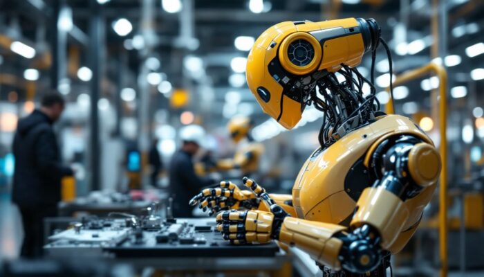 A photograph of a modern industrial robot in action within a manufacturing facility