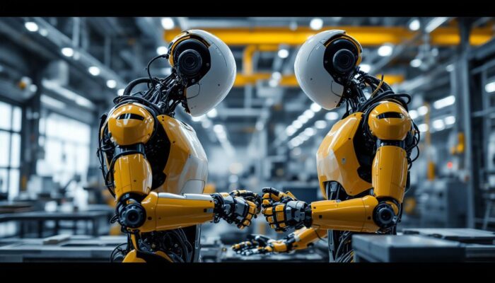 A photograph of a tesla robot in an industrial setting