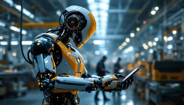 A photograph of a futuristic industrial robot in action