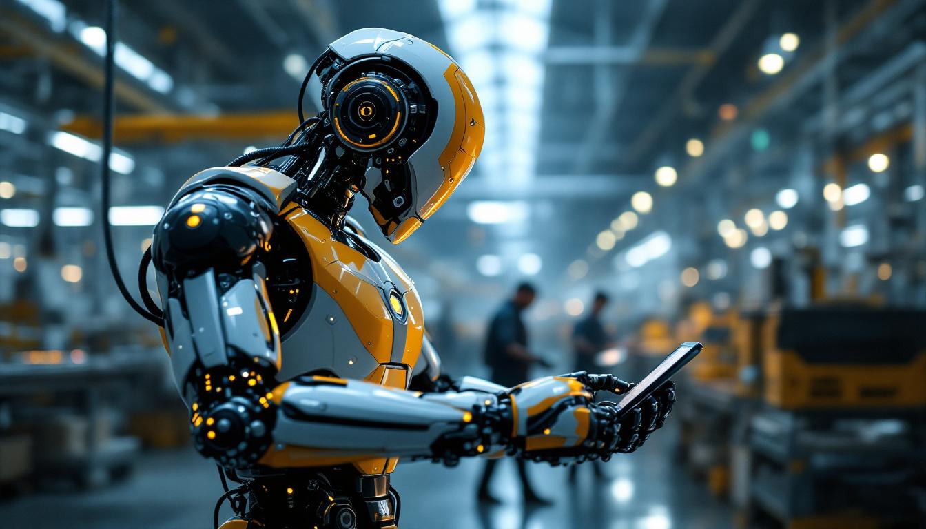 A photograph of a futuristic industrial robot in action