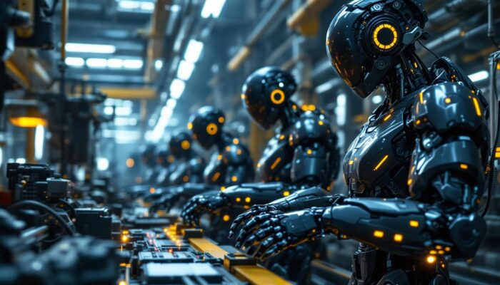 A photograph of a futuristic industrial setting featuring advanced robotic soldiers in action