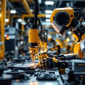 A photograph of a tesla industrial robot in action within a high-tech manufacturing environment