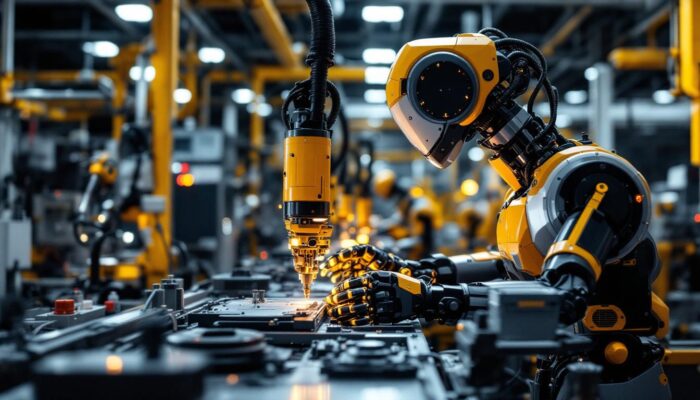 A photograph of a tesla industrial robot in action within a high-tech manufacturing environment