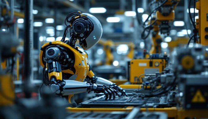 A photograph of a modern industrial robot in action within a factory setting