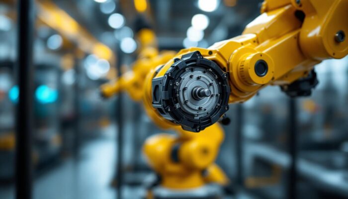 A photograph of a close-up of a servo motor in action within an industrial robotic arm