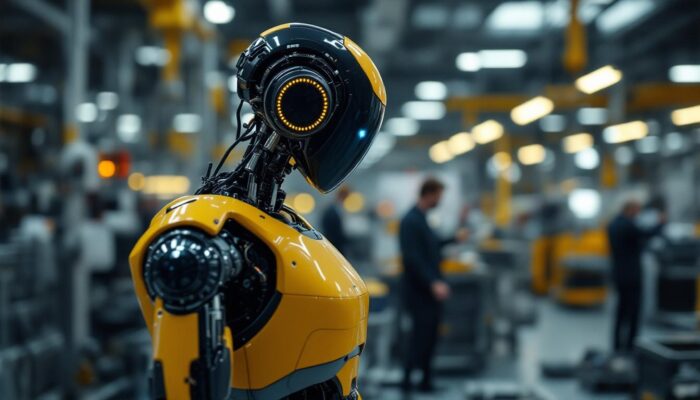 A photograph of a tesla robot in an industrial setting