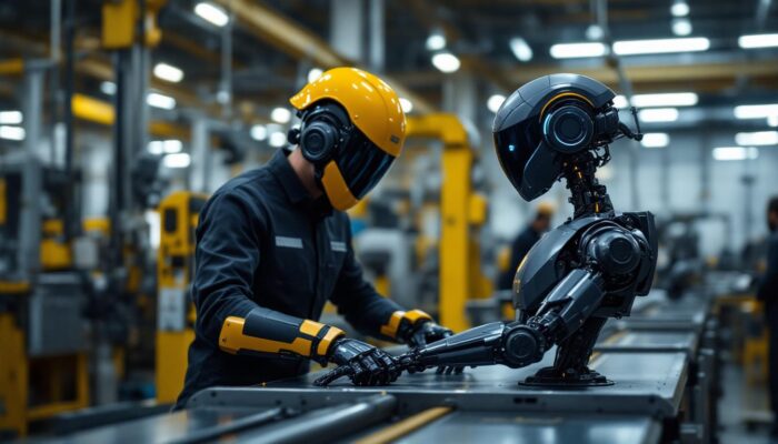 A photograph of a tesla bot in an industrial setting