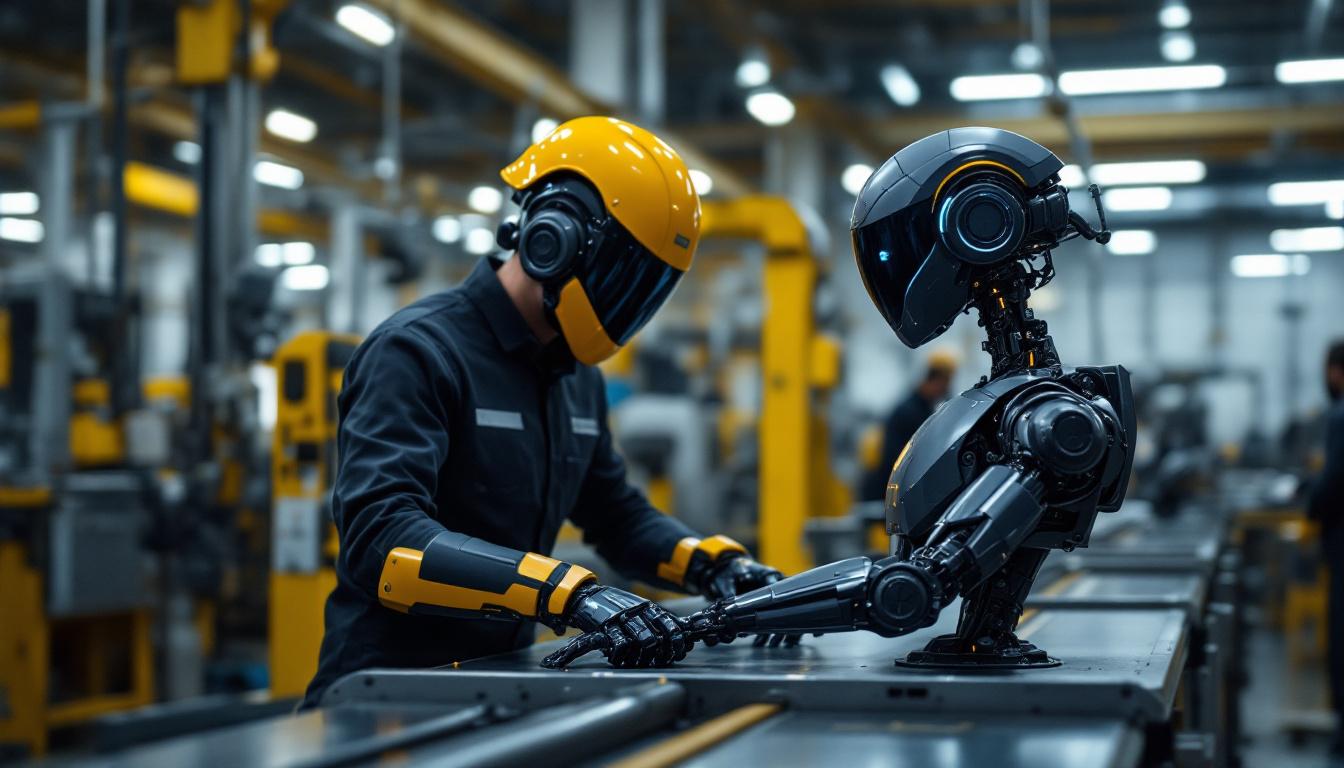 A photograph of a tesla bot in an industrial setting