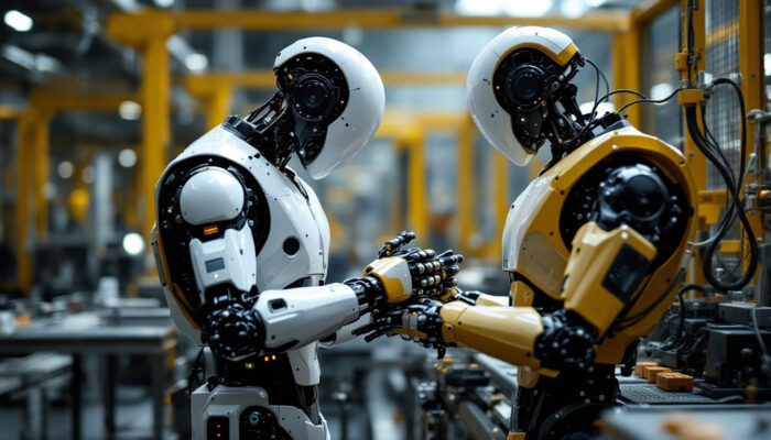 A photograph of a sleek industrial robot in action within a manufacturing environment
