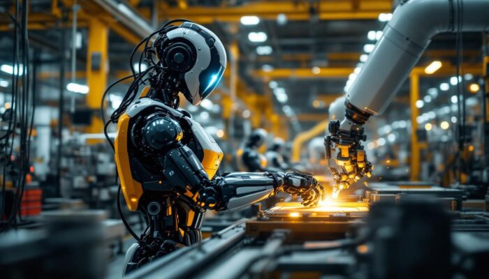 A photograph of a sleek industrial robot in action on a factory floor