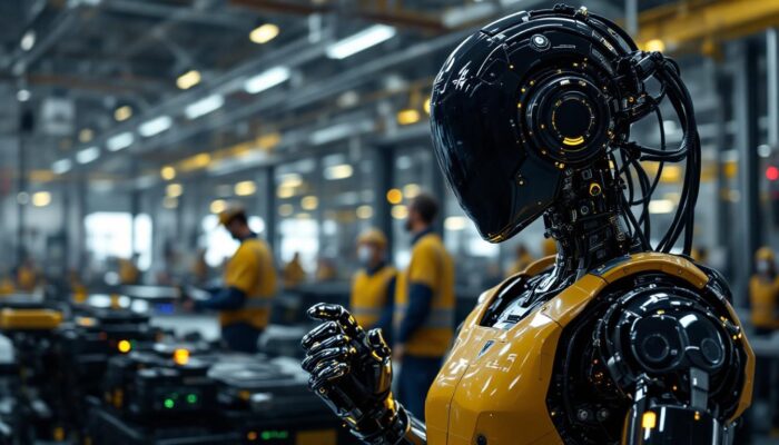 A photograph of a tesla robot prototype in an industrial setting