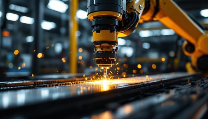 A photograph of a sleek industrial cnc machine in action