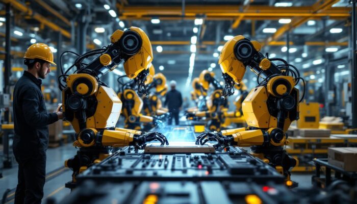A photograph of a dynamic industrial setting featuring advanced robots in action