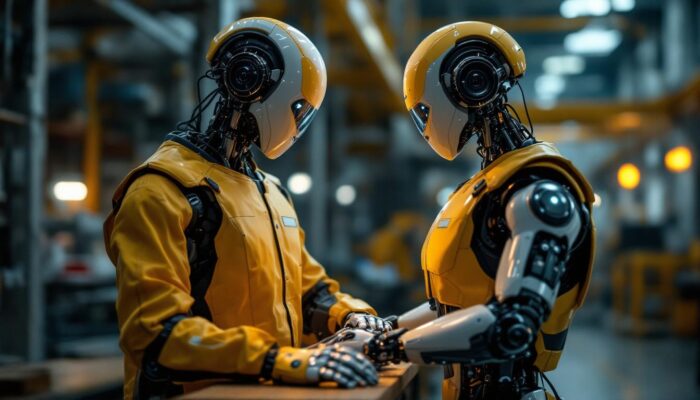A photograph of a state-of-the-art humanoid robot in an industrial setting
