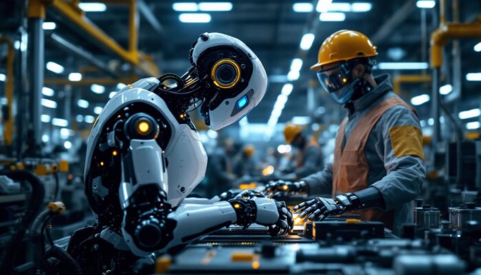 A photograph of a modern industrial robot in action on a factory floor