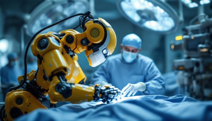 A photograph of a state-of-the-art surgical robot in action during a procedure