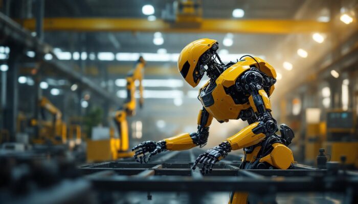A photograph of a boston dynamics robot in action within an industrial setting