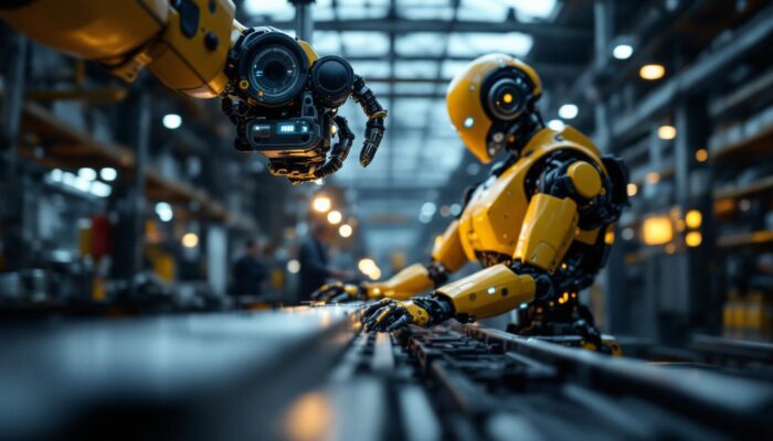 A photograph of capture a photograph of a tesla robo industrial robot in action within a modern manufacturing facility