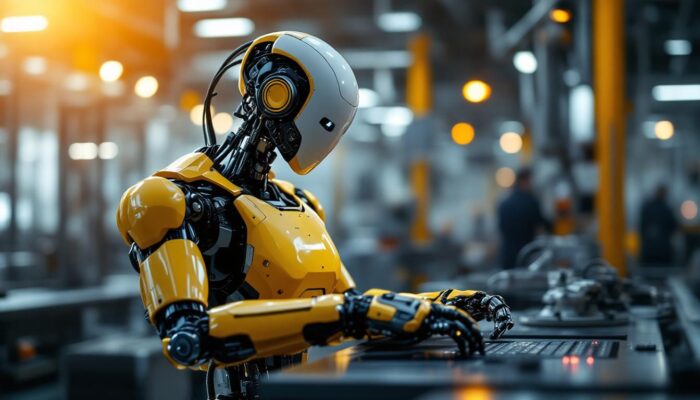 A photograph of a sleek industrial robot in action