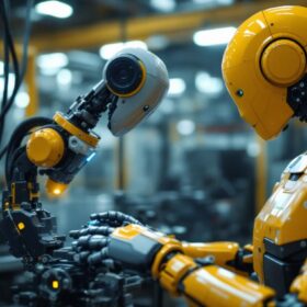 A photograph of a modern industrial robot in action within a factory setting