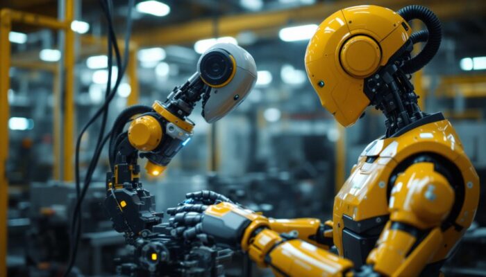 A photograph of a modern industrial robot in action within a factory setting