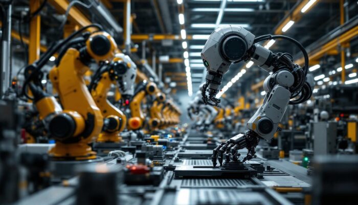 A photograph of a diverse array of industrial robots in action within a manufacturing environment