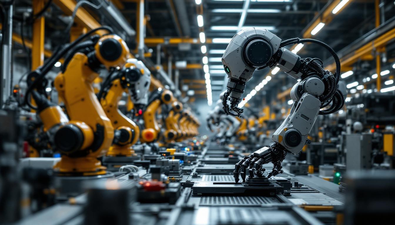 A photograph of a diverse array of industrial robots in action within a manufacturing environment