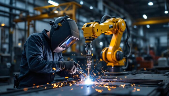 A photograph of a skilled operator working alongside a state-of-the-art gmaw (gas metal arc welding) robotic machine in an industrial setting
