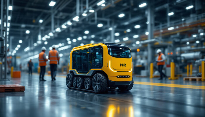 A photograph of a mir automated guided vehicle navigating through a modern industrial environment