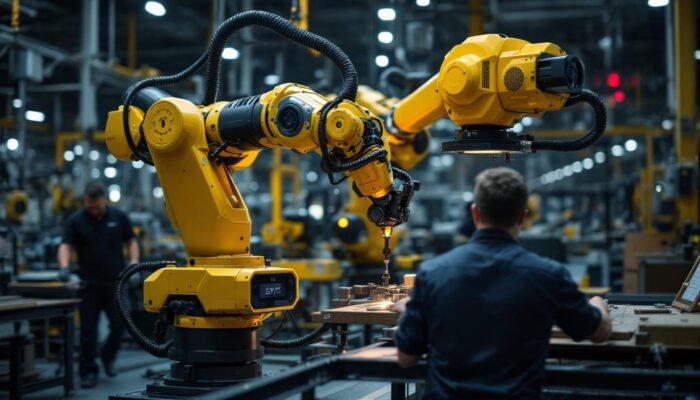 A photograph of capture a photograph of the optimus jet industrial robot in action within a manufacturing setting