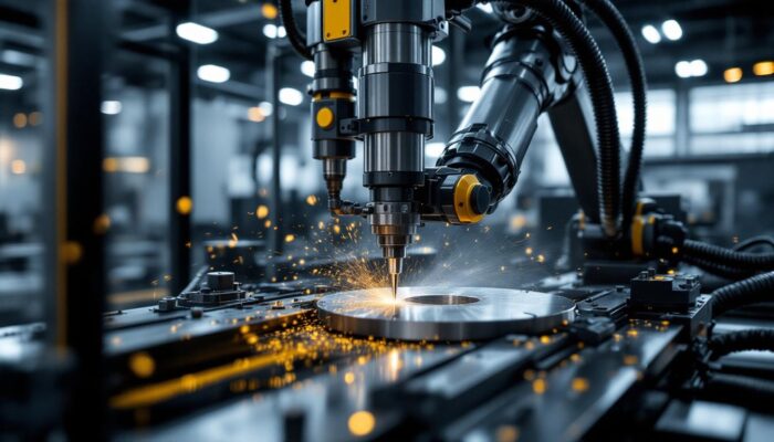 A photograph of a sleek 6-axis milling machine in action