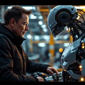 A photograph of capture a photograph of elon musk engaging with an advanced industrial robot in a dynamic workspace