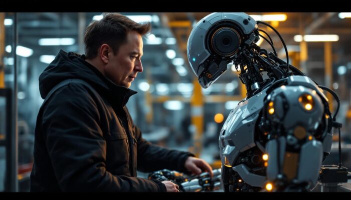 A photograph of capture a photograph of elon musk engaging with an advanced industrial robot in a dynamic workspace
