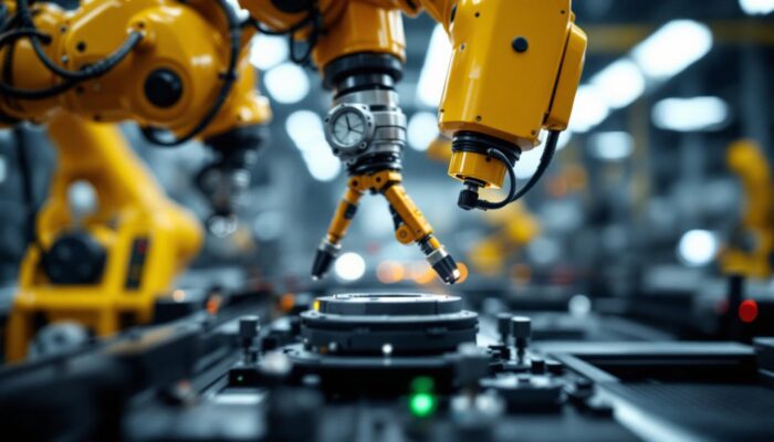 A photograph of a close-up of a high-tech industrial robotic arm in action