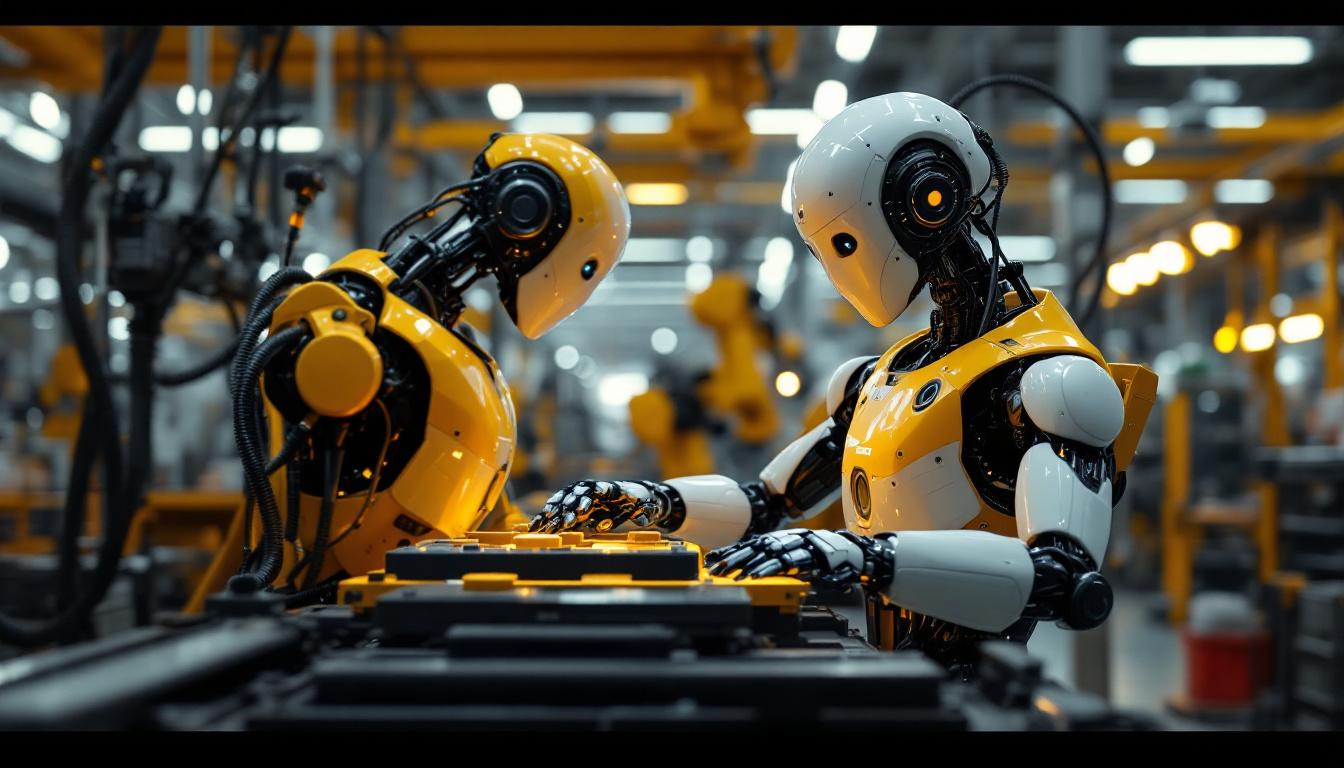 A photograph of a sleek industrial robot in action within a manufacturing environment