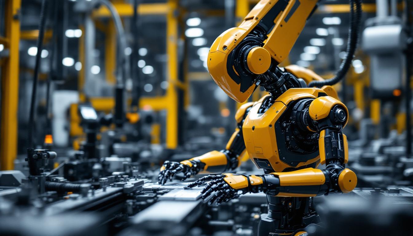 A photograph of a sleek industrial robot in action on a factory floor