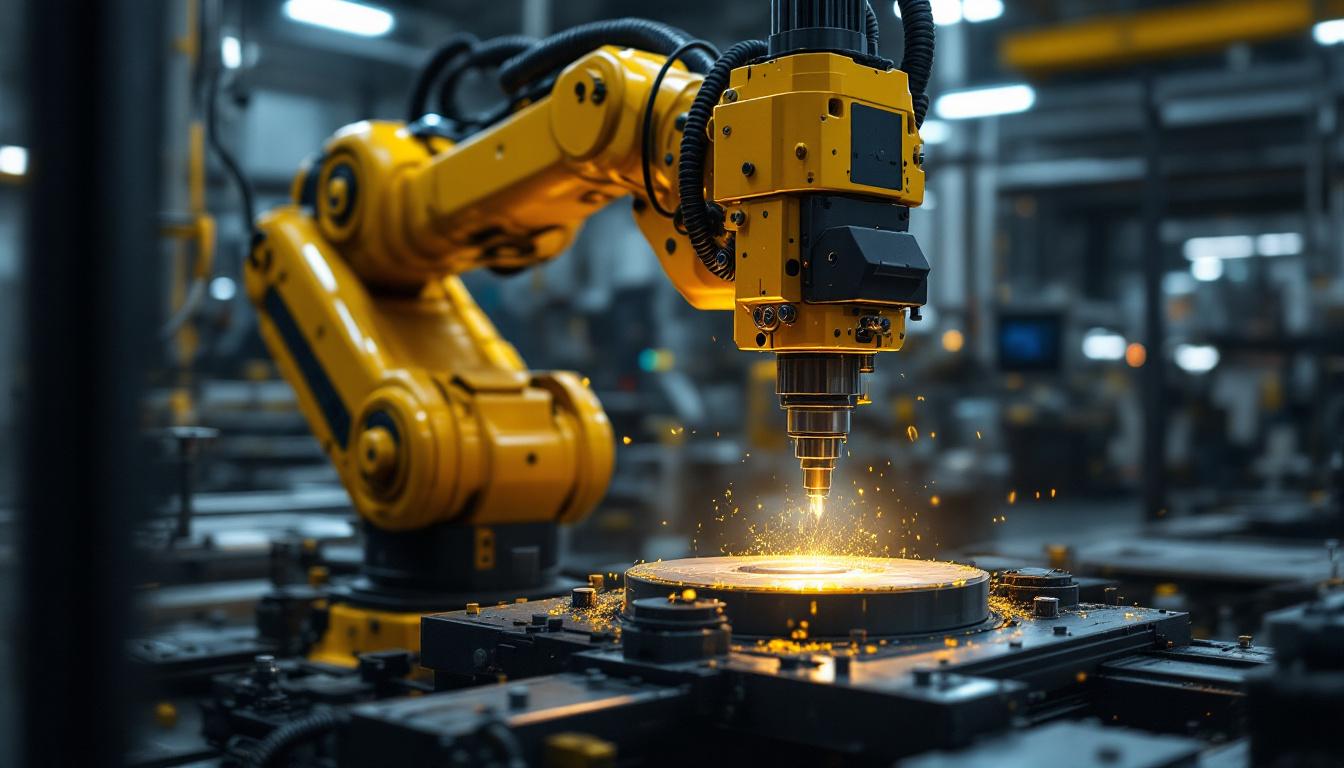 A photograph of a 6-axis industrial robotic mill in action