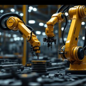 A photograph of capture a photograph of a kuka industrial robot in action within a manufacturing environment