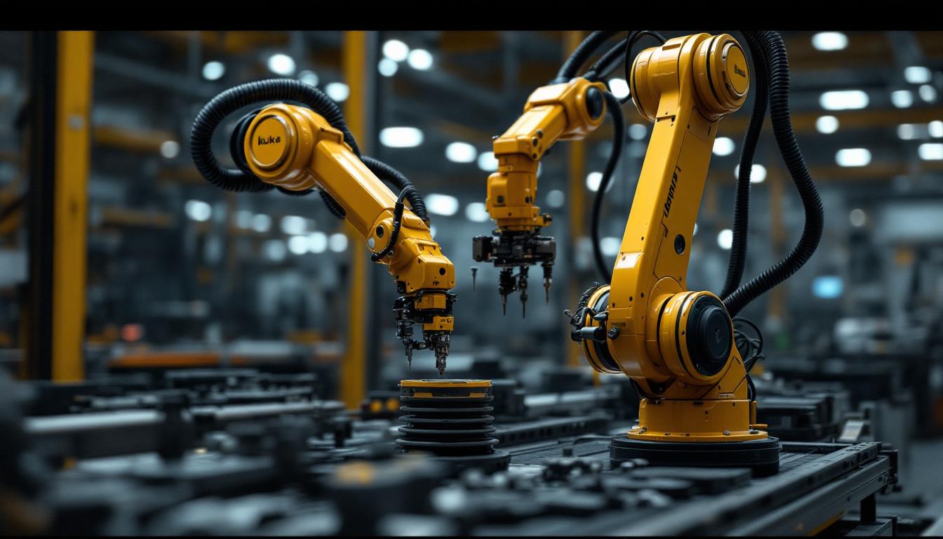 A photograph of capture a photograph of a kuka industrial robot in action within a manufacturing environment