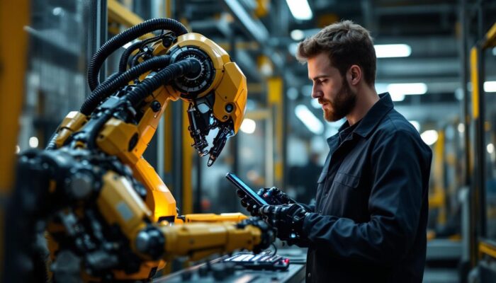 A photograph of a skilled technician programming or operating an industrial robot in a modern manufacturing environment