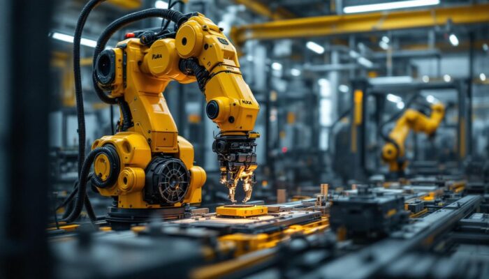 A photograph of a kuka industrial robot in action within a manufacturing environment