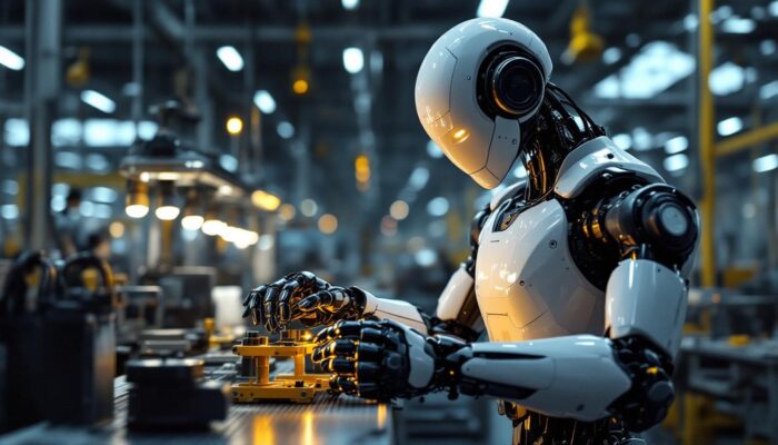 A photograph of a sleek industrial robot in action within a manufacturing environment